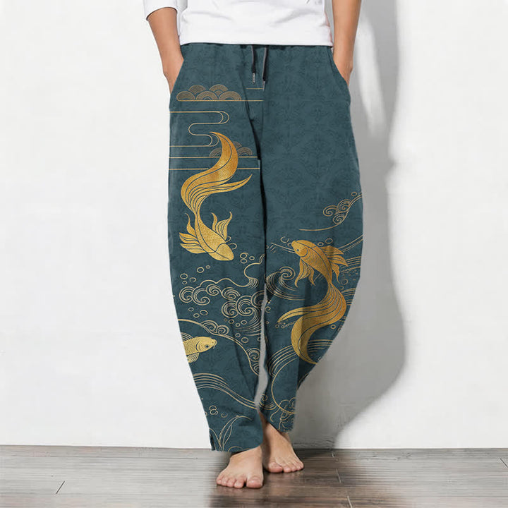 Buddha Stones Pantalones de hombre de algodón puro con estampado de olas y peces koi dorados, cordón ajustable y corte cónico, con bolsillos. - Verde azulado - US/UK/AU50, EU60 (5XL) - image 11