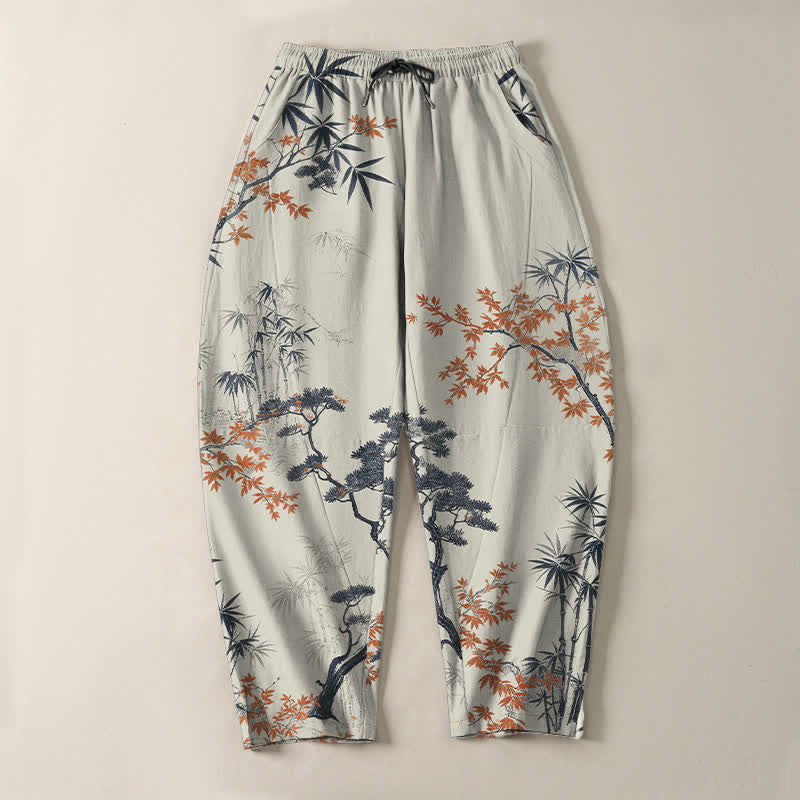 Buddha Stones Pantalones de hombre de algodón puro con estampado de arce, bambú y pino, con cordón ajustable y bolsillos. - image 2
