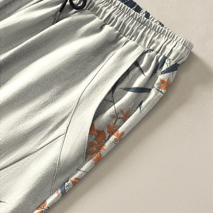 Buddha Stones Pantalones de hombre de algodón puro con estampado de arce, bambú y pino, con cordón ajustable y bolsillos. - image 4