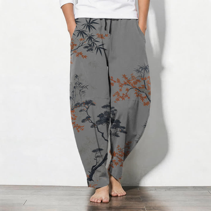 Buddha Stones Pantalones de hombre de algodón puro con estampado de arce, bambú y pino, con cordón ajustable y bolsillos. - Gris - US/UK/AU50, EU60 (5XL) - image 7