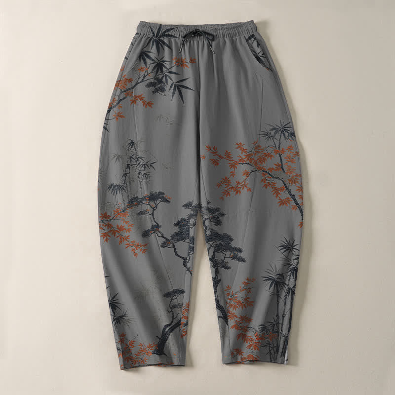 Buddha Stones Pantalones de hombre de algodón puro con estampado de arce, bambú y pino, con cordón ajustable y bolsillos. - image 9