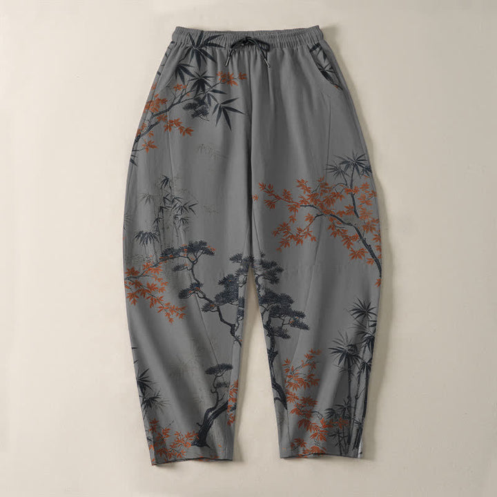Buddha Stones Pantalones de hombre de algodón puro con estampado de arce, bambú y pino, con cordón ajustable y bolsillos. - image 9