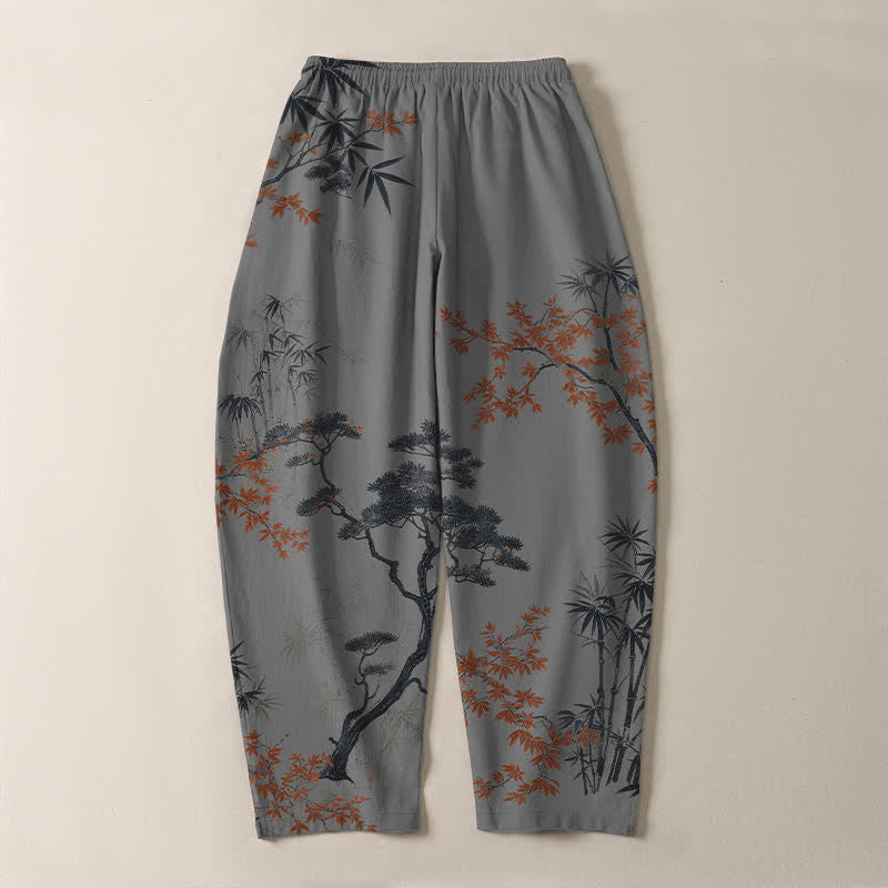 Buddha Stones Pantalones de hombre de algodón puro con estampado de arce, bambú y pino, con cordón ajustable y bolsillos. - image 10