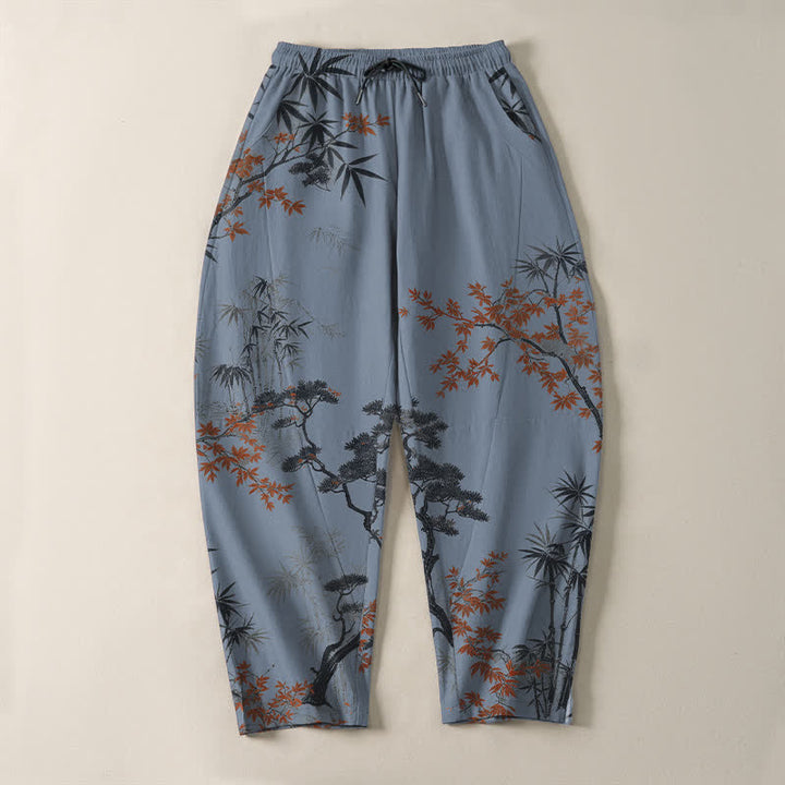Buddha Stones Pantalones de hombre de algodón puro con estampado de arce, bambú y pino, con cordón ajustable y bolsillos. - image 13