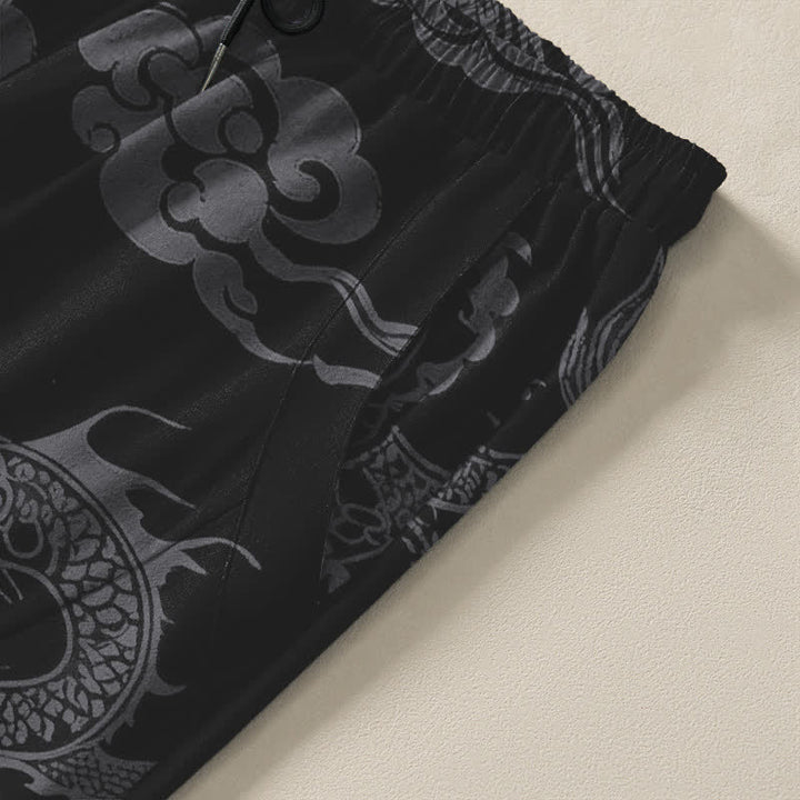 Buddha Stones Pantalones de hombre de algodón puro con estampado de nube de dragón oscuro, cordón ajustable y corte cónico, con bolsillos. - image 4
