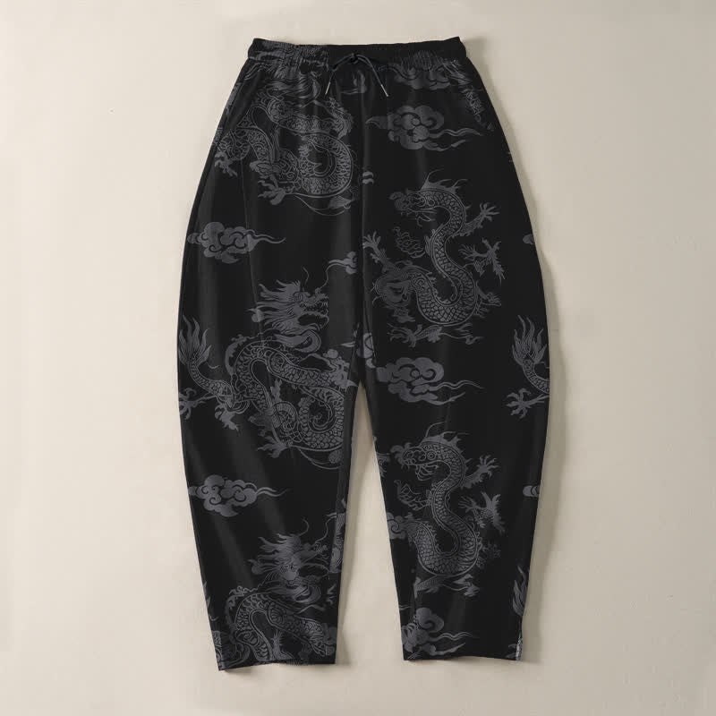 Buddha Stones Pantalones de hombre de algodón puro con estampado de nube de dragón oscuro, cordón ajustable y corte cónico, con bolsillos. - image 2
