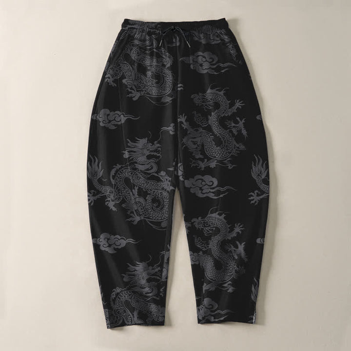 Buddha Stones Pantalones de hombre de algodón puro con estampado de nube de dragón oscuro, cordón ajustable y corte cónico, con bolsillos. - image 2