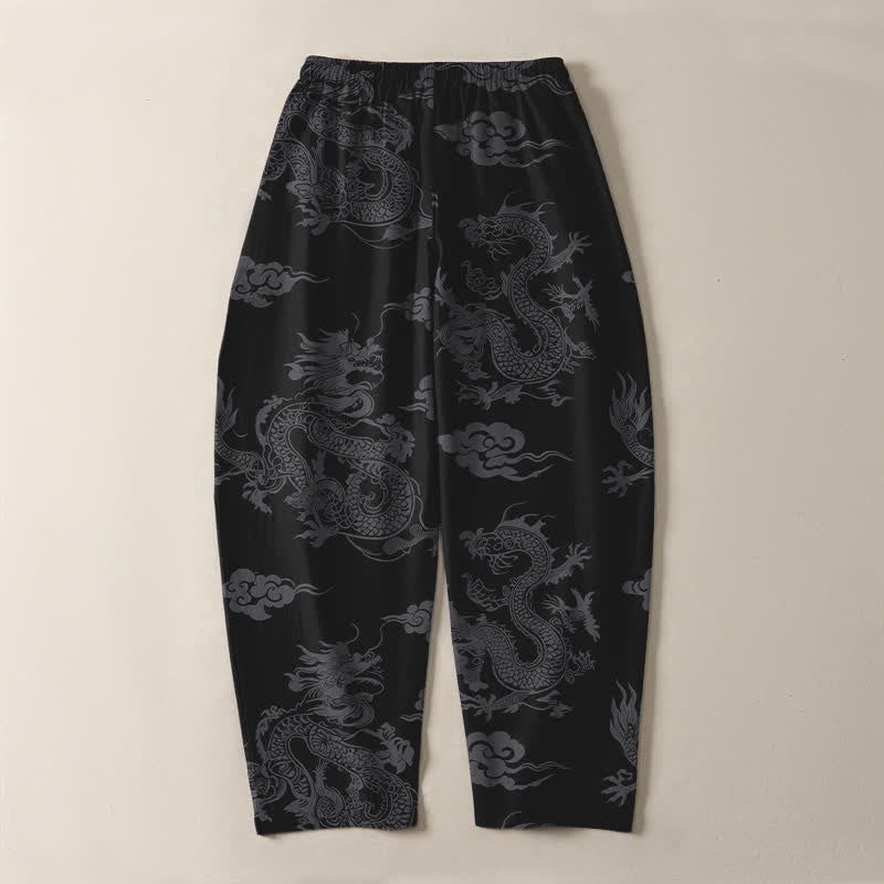 Buddha Stones Pantalones de hombre de algodón puro con estampado de nube de dragón oscuro, cordón ajustable y corte cónico, con bolsillos. - image 3