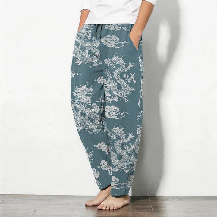 Buddha Stones Pantalones de hombre de algodón puro con estampado de nube de dragón oscuro, cordón ajustable y corte cónico, con bolsillos. - image 8