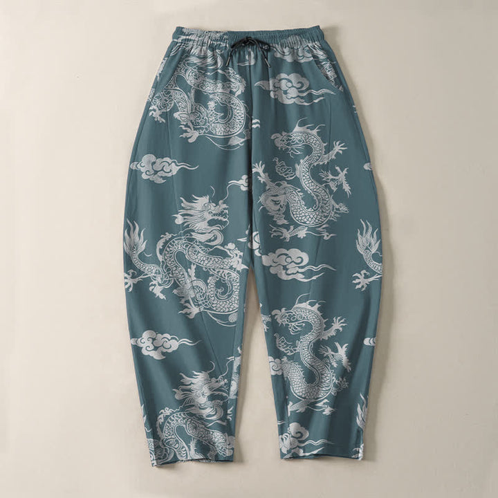 Buddha Stones Pantalones de hombre de algodón puro con estampado de nube de dragón oscuro, cordón ajustable y corte cónico, con bolsillos. - image 9
