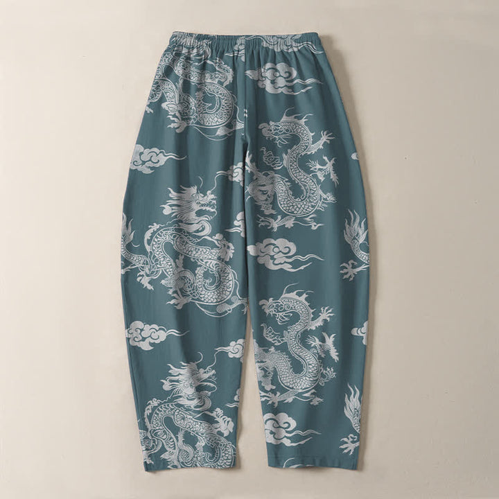 Buddha Stones Pantalones de hombre de algodón puro con estampado de nube de dragón oscuro, cordón ajustable y corte cónico, con bolsillos. - image 10