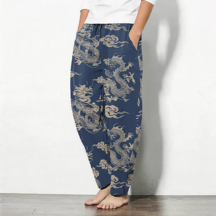 Buddha Stones Pantalones de hombre de algodón puro con estampado de nube de dragón oscuro, cordón ajustable y corte cónico, con bolsillos. - image 12