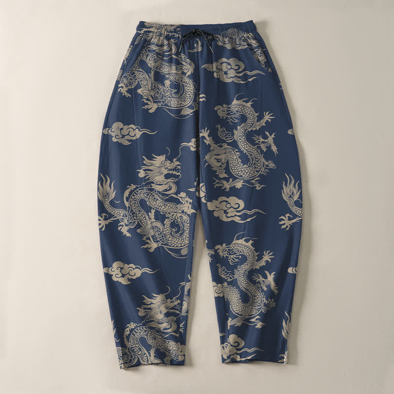 Buddha Stones Pantalones de hombre de algodón puro con estampado de nube de dragón oscuro, cordón ajustable y corte cónico, con bolsillos. - image 13