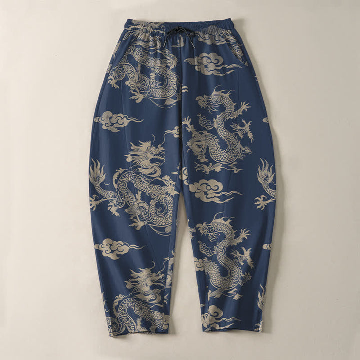 Buddha Stones Pantalones de hombre de algodón puro con estampado de nube de dragón oscuro, cordón ajustable y corte cónico, con bolsillos. - image 13