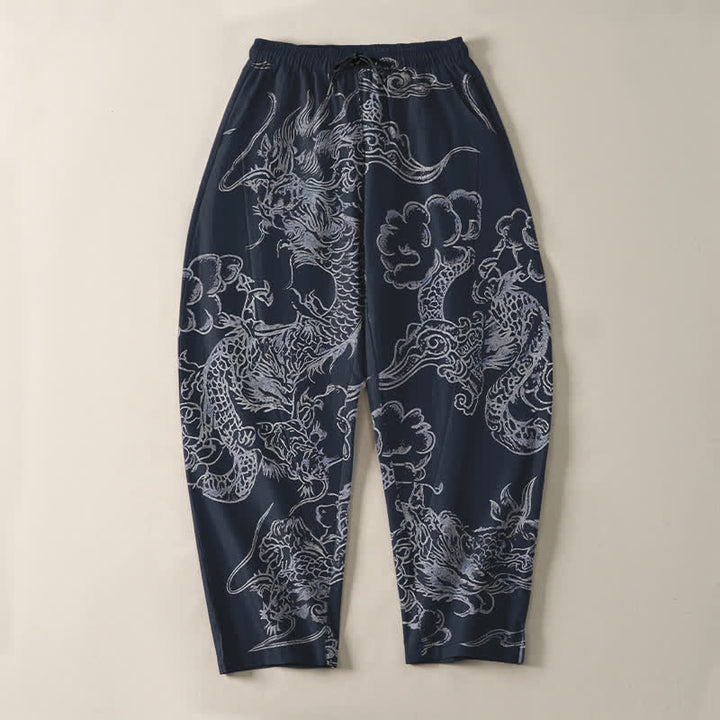 Buddha Stones Pantalones de hombre de algodón puro con estampado de nubes y dragón, cordón ajustable y corte cónico, con bolsillos. - image 2