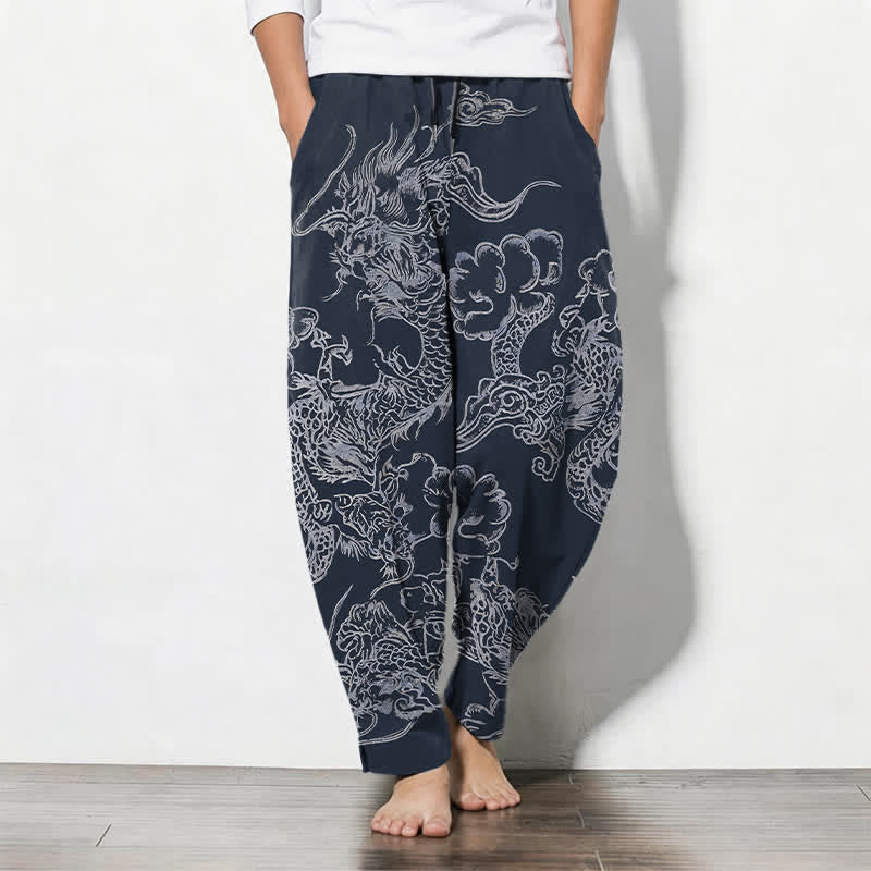 Buddha Stones Pantalones de hombre de algodón puro con estampado de nubes y dragón, cordón ajustable y corte cónico, con bolsillos. - Marina de guerra - US/UK/AU50, EU60 (5XL) - image 0