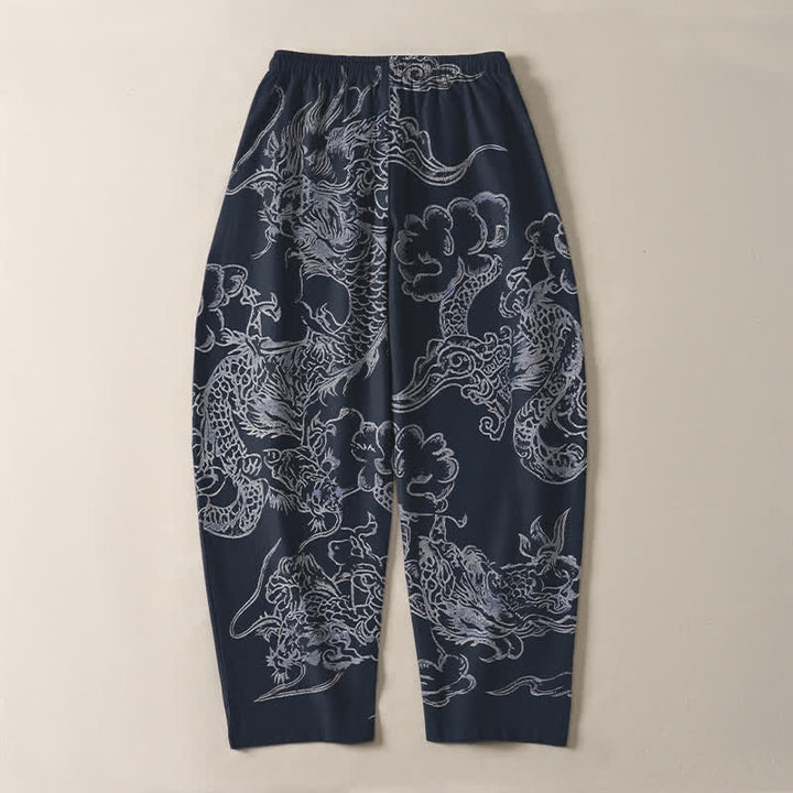 Buddha Stones Pantalones de hombre de algodón puro con estampado de nubes y dragón, cordón ajustable y corte cónico, con bolsillos. - image 3