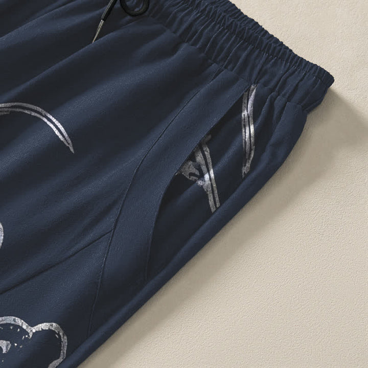 Buddha Stones Pantalones de hombre de algodón puro con estampado de nubes y dragón, cordón ajustable y corte cónico, con bolsillos. - image 4