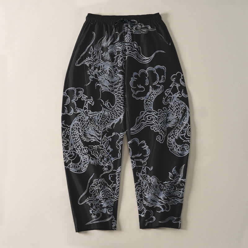 Buddha Stones Pantalones de hombre de algodón puro con estampado de nubes y dragón, cordón ajustable y corte cónico, con bolsillos. - image 13