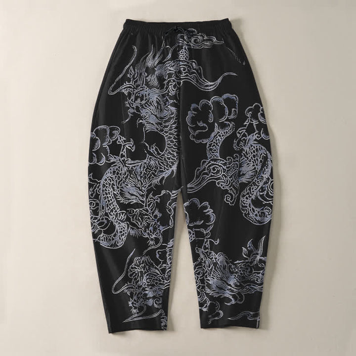 Buddha Stones Pantalones de hombre de algodón puro con estampado de nubes y dragón, cordón ajustable y corte cónico, con bolsillos. - image 13
