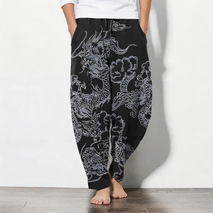 Buddha Stones Pantalones de hombre de algodón puro con estampado de nubes y dragón, cordón ajustable y corte cónico, con bolsillos. - Negro - US/UK/AU50, EU60 (5XL) - image 11