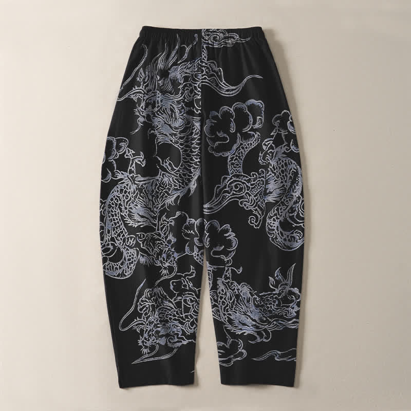 Buddha Stones Pantalones de hombre de algodón puro con estampado de nubes y dragón, cordón ajustable y corte cónico, con bolsillos. - image 14