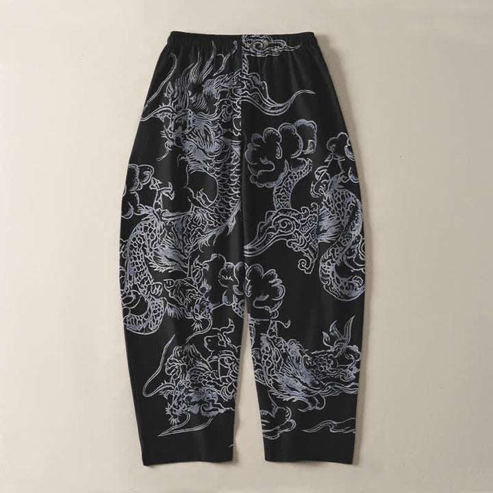 Buddha Stones Pantalones de hombre de algodón puro con estampado de nubes y dragón, cordón ajustable y corte cónico, con bolsillos. - image 14