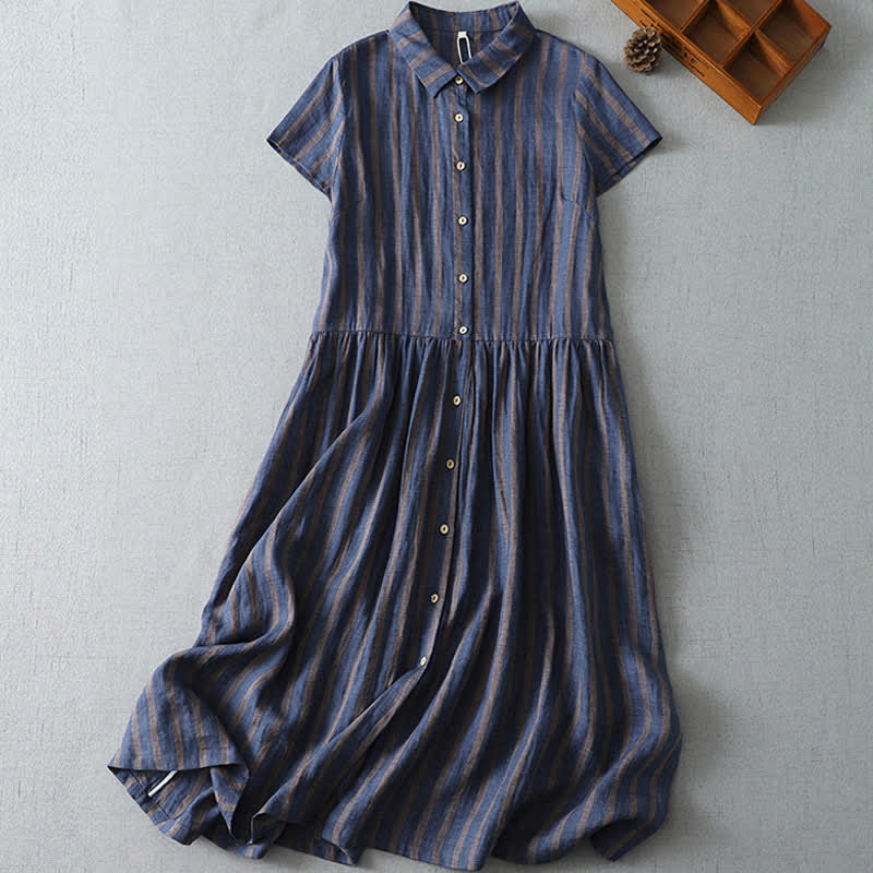 Buddha Stones Vestido de mujer informal de verano estilo vintage con botones, rayas y manga corta, con bolsillo. - Marina de guerra - US12, UK/AU16, EU44 (2XL) - image 0