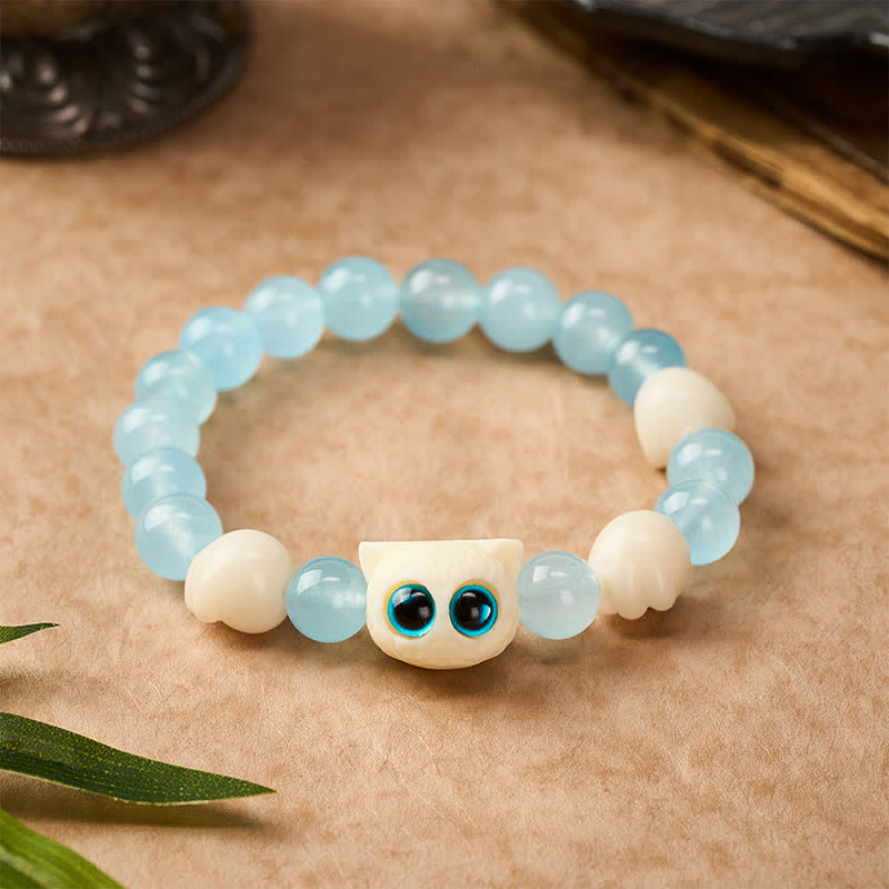 Buddha Stones Pulsera de cuentas de pureza de gato tallada a mano en calcedonia azul - Gato de ojos azules (circunferencia de la muñeca: 16–17 cm) - Calcedonia azul (Creatividad ♥ Optimismo) - image 0