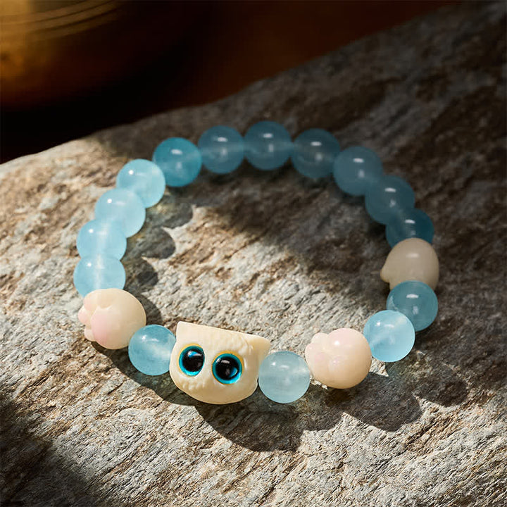 Buddha Stones Pulsera de cuentas de pureza de gato tallada a mano en calcedonia azul - image 2