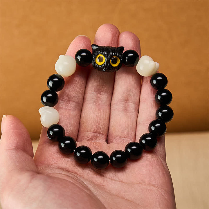 Buddha Stones Pulsera de cuentas de conexión a tierra con cabeza de gato de obsidiana negra tallada a mano y ojos amarillos - image 5