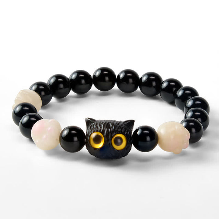 Buddha Stones Pulsera de cuentas de conexión a tierra con cabeza de gato de obsidiana negra tallada a mano y ojos amarillos - image 3