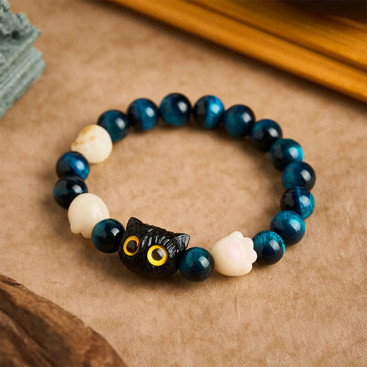 Buddha Stones Pulsera de cuentas de conexión a tierra con diseño de gato tallado a mano en ojo de tigre azul - Ojo de Tigre Azul (Protección ♥ Equilibrio) (Circunferencia de la muñeca: 16–17 cm) - image 0