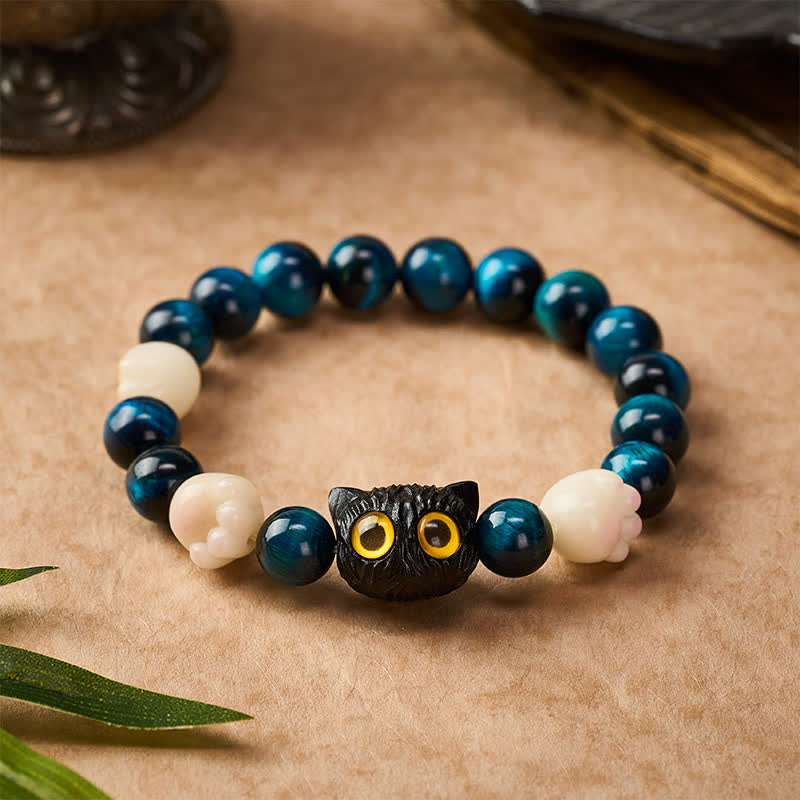 Buddha Stones Pulsera de cuentas de conexión a tierra con diseño de gato tallado a mano en ojo de tigre azul - image 1