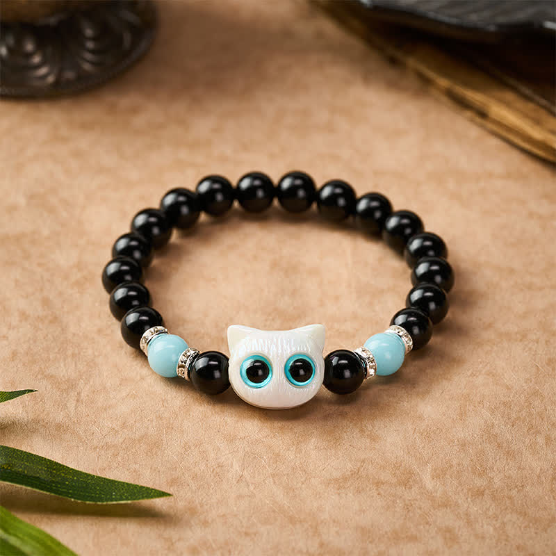 Buddha Stones Pulsera de cuentas de protección con forma de gato de ojos grandes y bonito de obsidiana negra - image 2