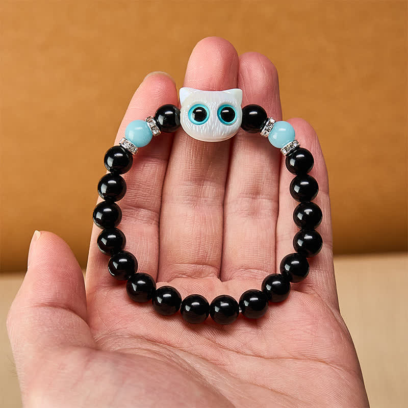 Buddha Stones Pulsera de cuentas de protección con forma de gato de ojos grandes y bonito de obsidiana negra - image 9