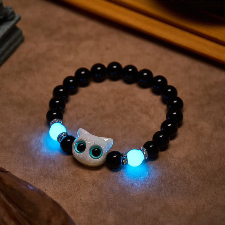 Buddha Stones Pulsera de cuentas de protección con forma de gato de ojos grandes y bonito de obsidiana negra - image 3