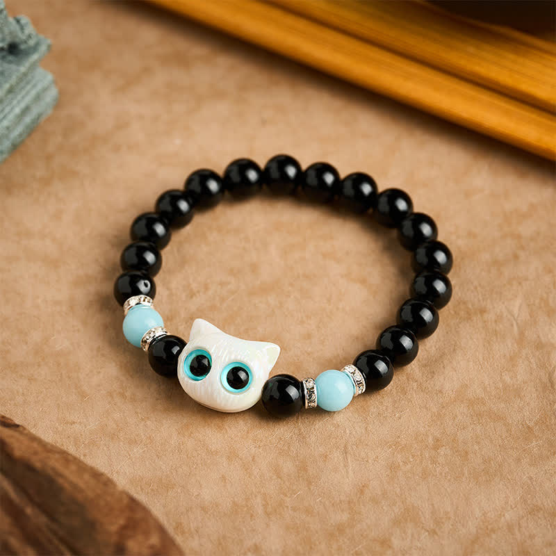 Buddha Stones Pulsera de cuentas de protección con forma de gato de ojos grandes y bonito de obsidiana negra - image 8