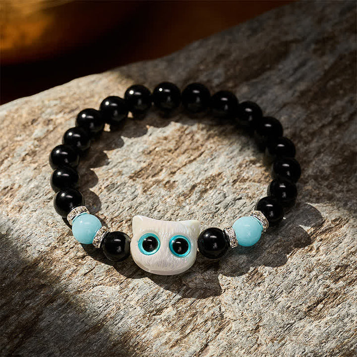 Buddha Stones Pulsera de cuentas de protección con forma de gato de ojos grandes y bonito de obsidiana negra - image 3