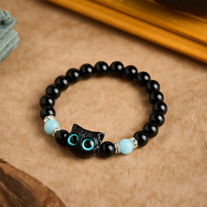 Buddha Stones Pulsera de cuentas de protección con forma de gato de ojos grandes y bonito de obsidiana negra - image 18