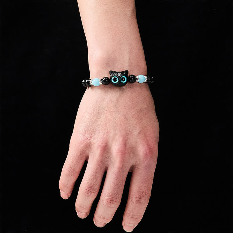Buddha Stones Pulsera de cuentas de protección con forma de gato de ojos grandes y bonito de obsidiana negra - image 16