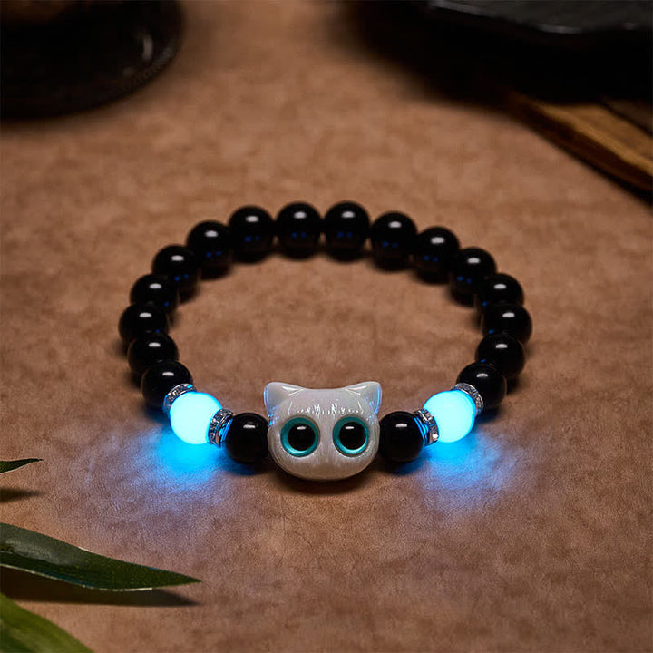 Buddha Stones Pulsera de cuentas de protección con forma de gato de ojos grandes y bonito de obsidiana negra - Gato blanco (circunferencia de la muñeca: 15–16 cm) - image 0