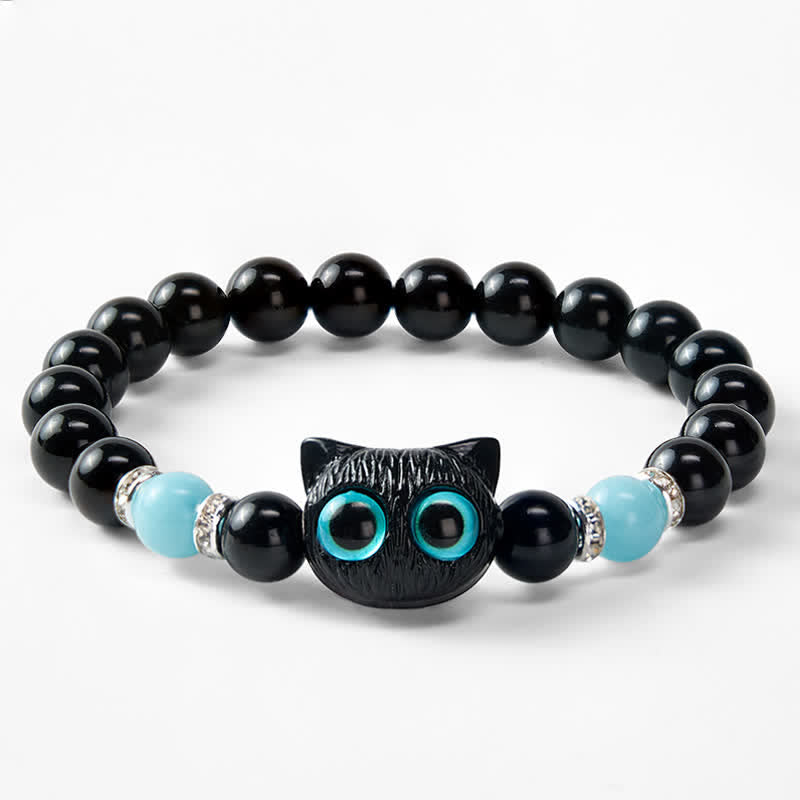 Buddha Stones Pulsera de cuentas de protección con forma de gato de ojos grandes y bonito de obsidiana negra - image 22