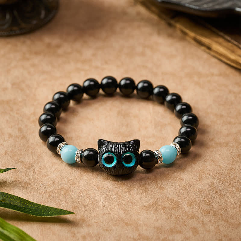 Buddha Stones Pulsera de cuentas de protección con forma de gato de ojos grandes y bonito de obsidiana negra - image 14