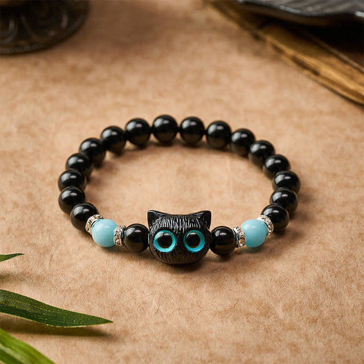 Buddha Stones Pulsera de cuentas de protección con forma de gato de ojos grandes y bonito de obsidiana negra - image 14