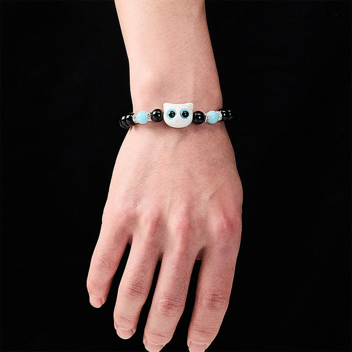 Buddha Stones Pulsera de cuentas de protección con forma de gato de ojos grandes y bonito de obsidiana negra - image 4