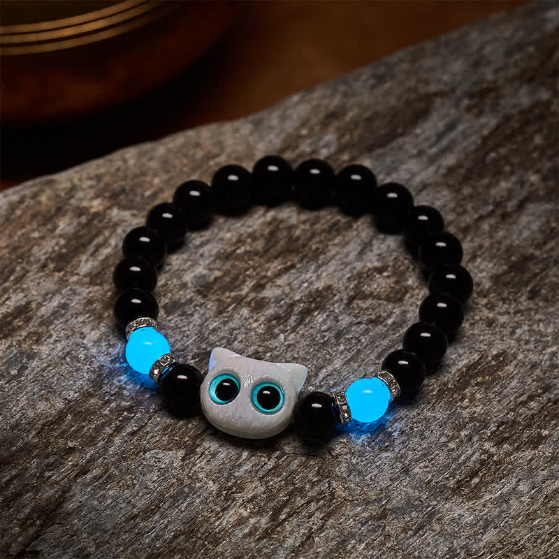 Buddha Stones Pulsera de cuentas de protección con forma de gato de ojos grandes y bonito de obsidiana negra - image 9