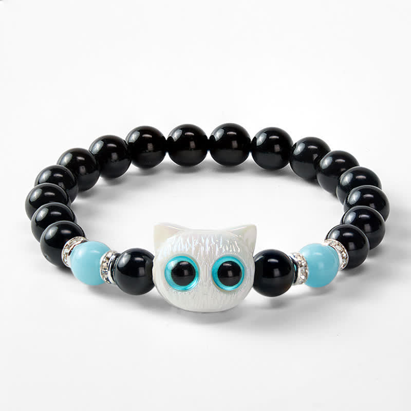 Buddha Stones Pulsera de cuentas de protección con forma de gato de ojos grandes y bonito de obsidiana negra - image 12