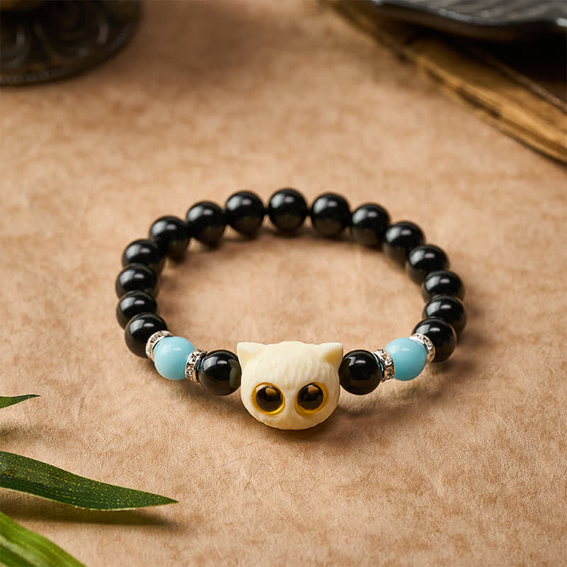 Buddha Stones Pulsera de cuentas con relieve de gato de ojos grandes tallada a mano en obsidiana negra - image 15