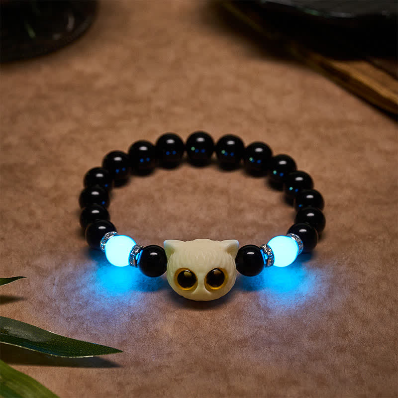 Buddha Stones Pulsera de cuentas con relieve de gato de ojos grandes tallada a mano en obsidiana negra - Gato blanco (circunferencia de la muñeca: 15–16 cm) - Obsidiana negra (Purificación ♥ Fuerza) - image 14